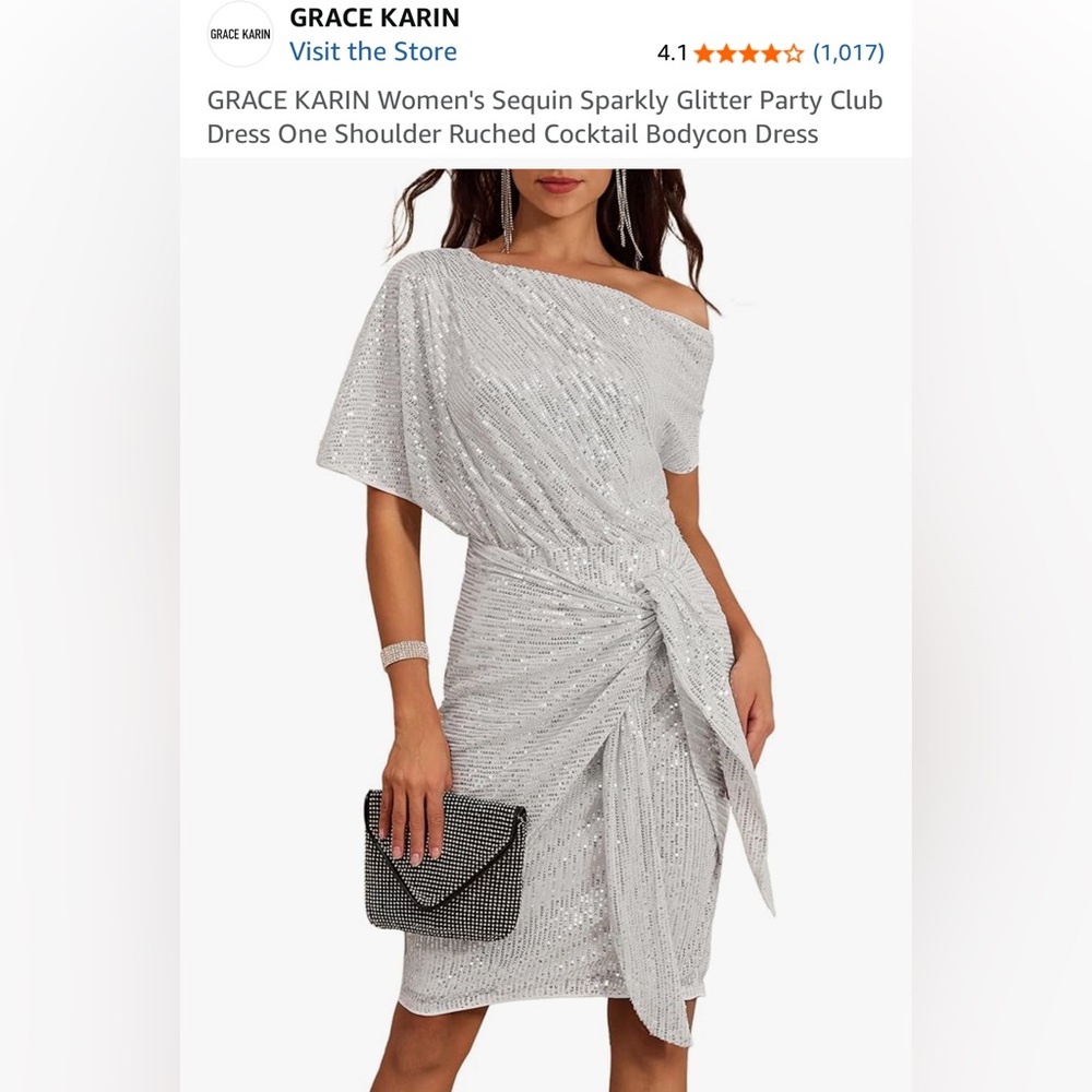 Grace Karin Silver Sequin One Shoulder Wrap Dress